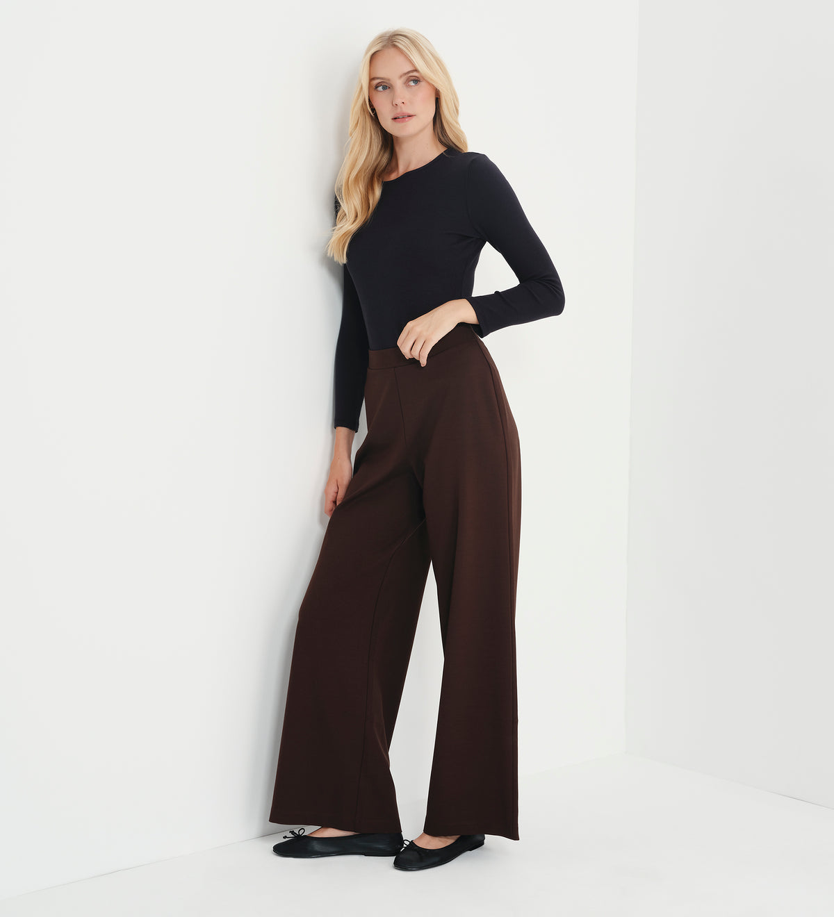 Kenzie Chocolate Ponte Jersey Wide Leg Trousers