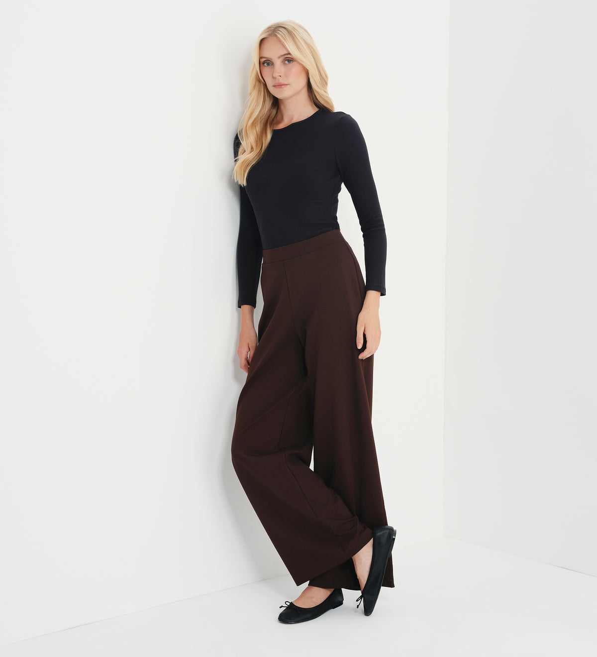 Kenzie Chocolate Ponte Jersey Wide Leg Trousers