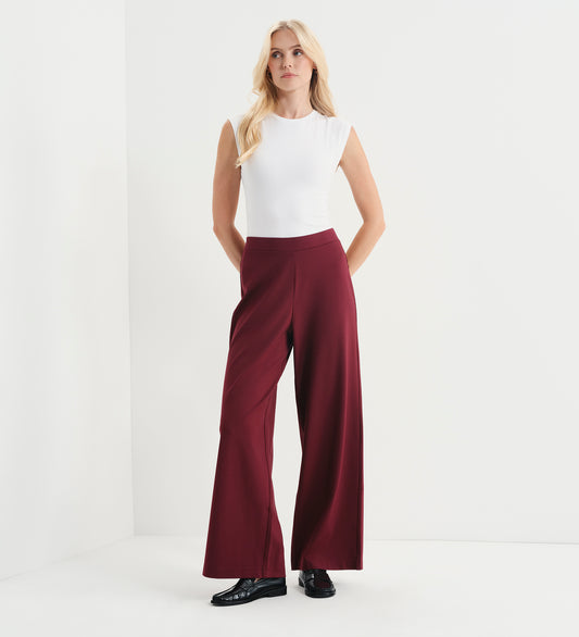 Kenzie Burgundy Ponte Jersey Wide Leg Trousers