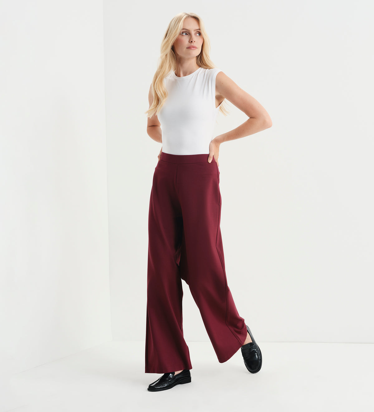 Kenzie Burgundy Ponte Jersey Wide Leg Trousers