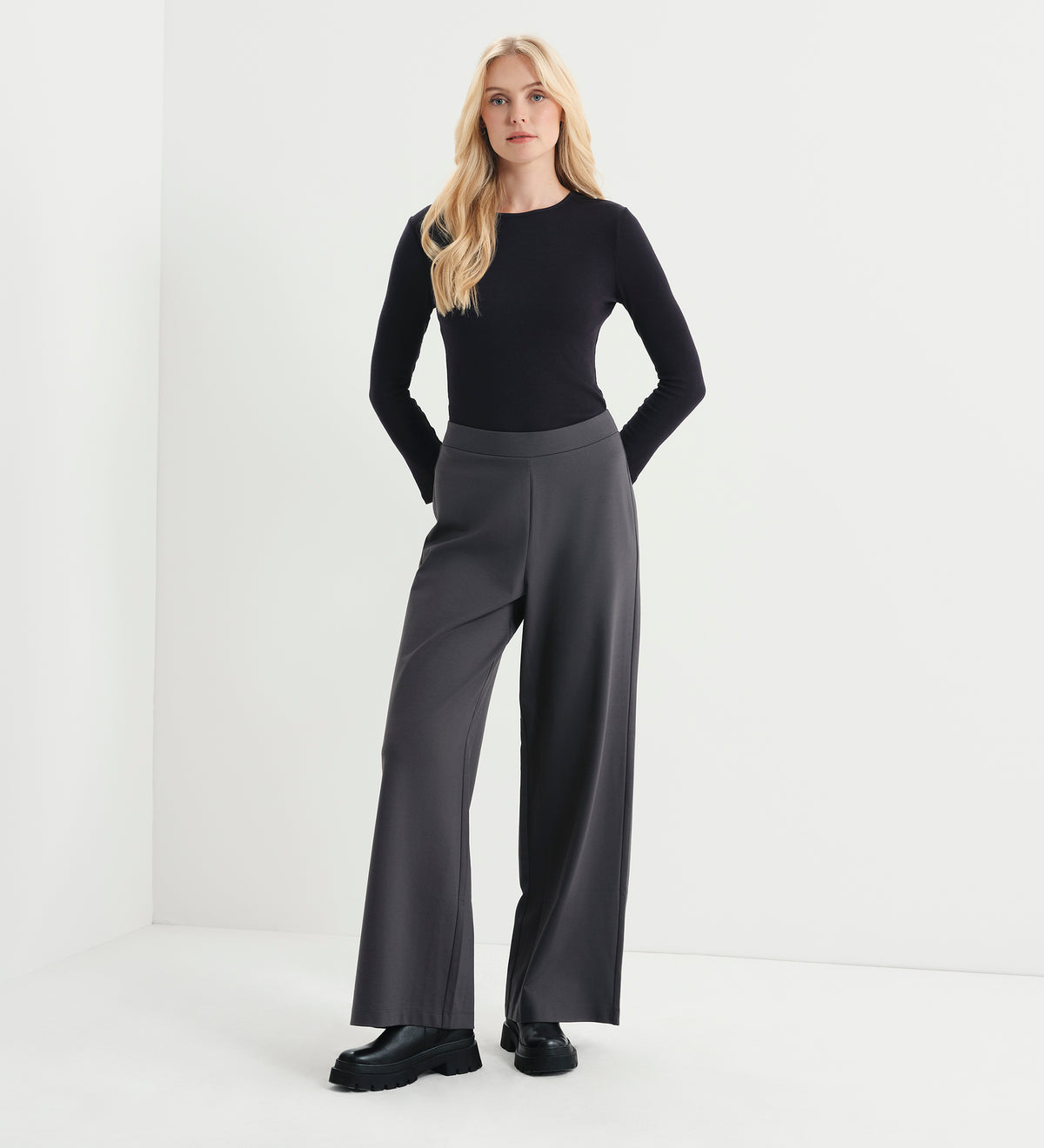Kenzie Charcoal Ponte Jersey Wide Leg Trousers