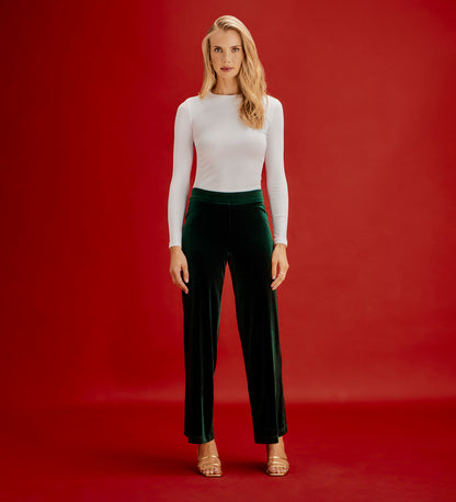 Kenzie Bottle Green Velvet Wide Leg Trousers