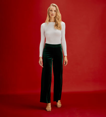 Kenzie Bottle Green Velvet Wide Leg Trousers