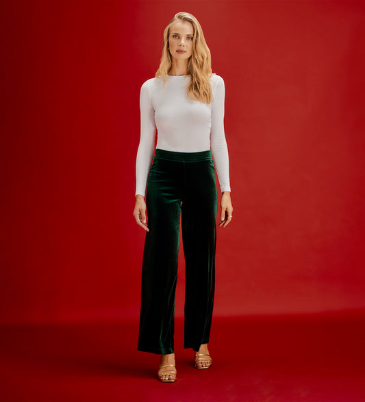 Kenzie Bottle Green Velvet Wide Leg Trousers