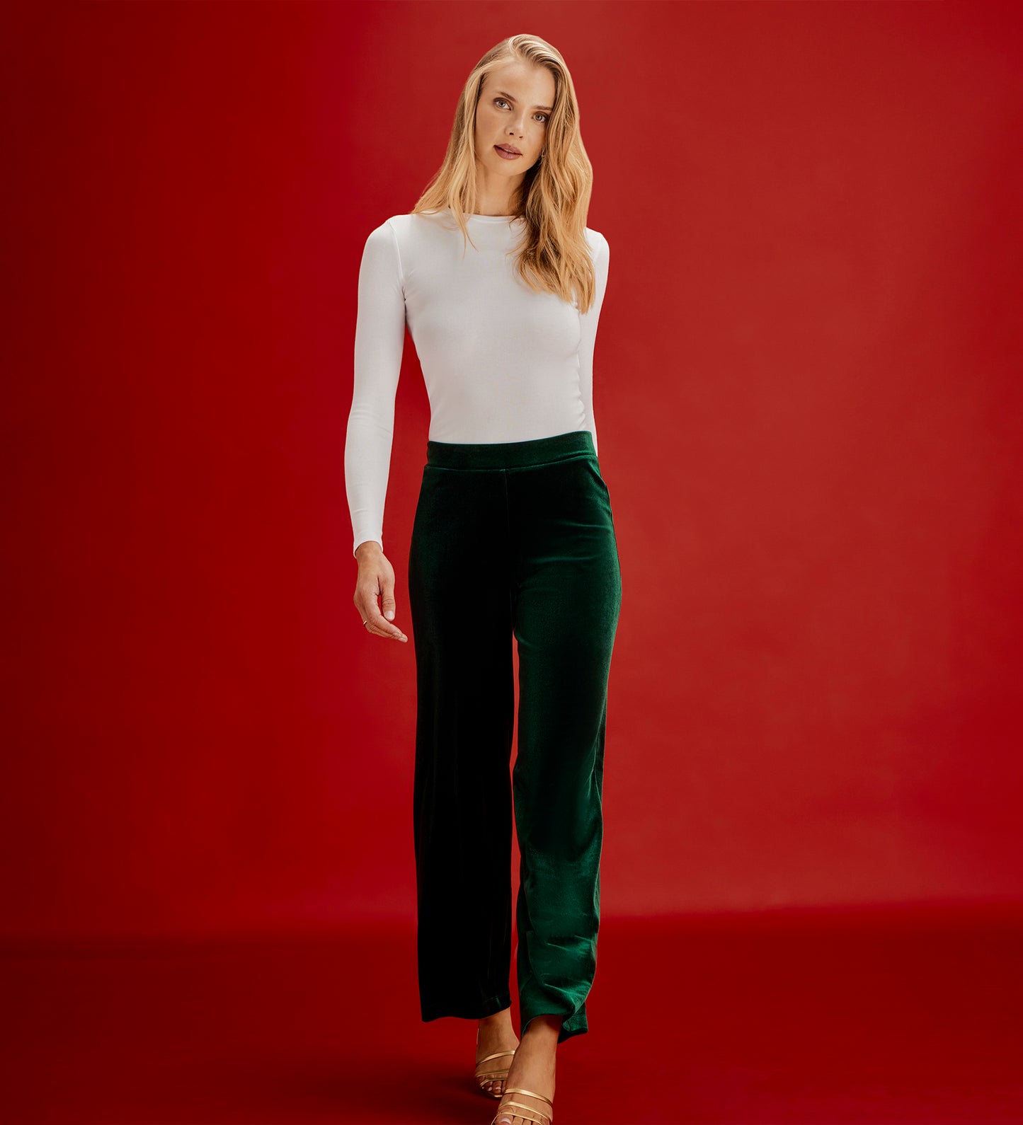 Kenzie Bottle Green Velvet Wide Leg Trousers