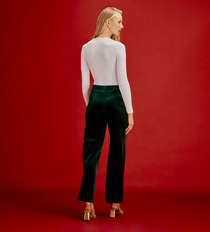 Kenzie Bottle Green Velvet Wide Leg Trousers