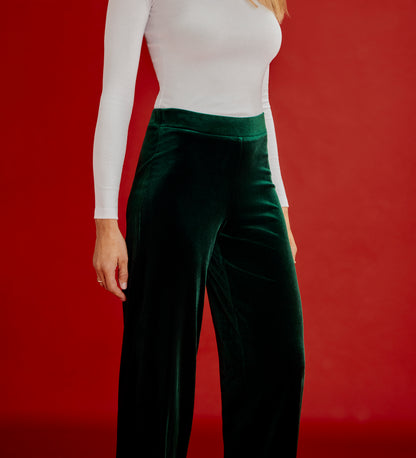 Kenzie Bottle Green Velvet Wide Leg Trousers