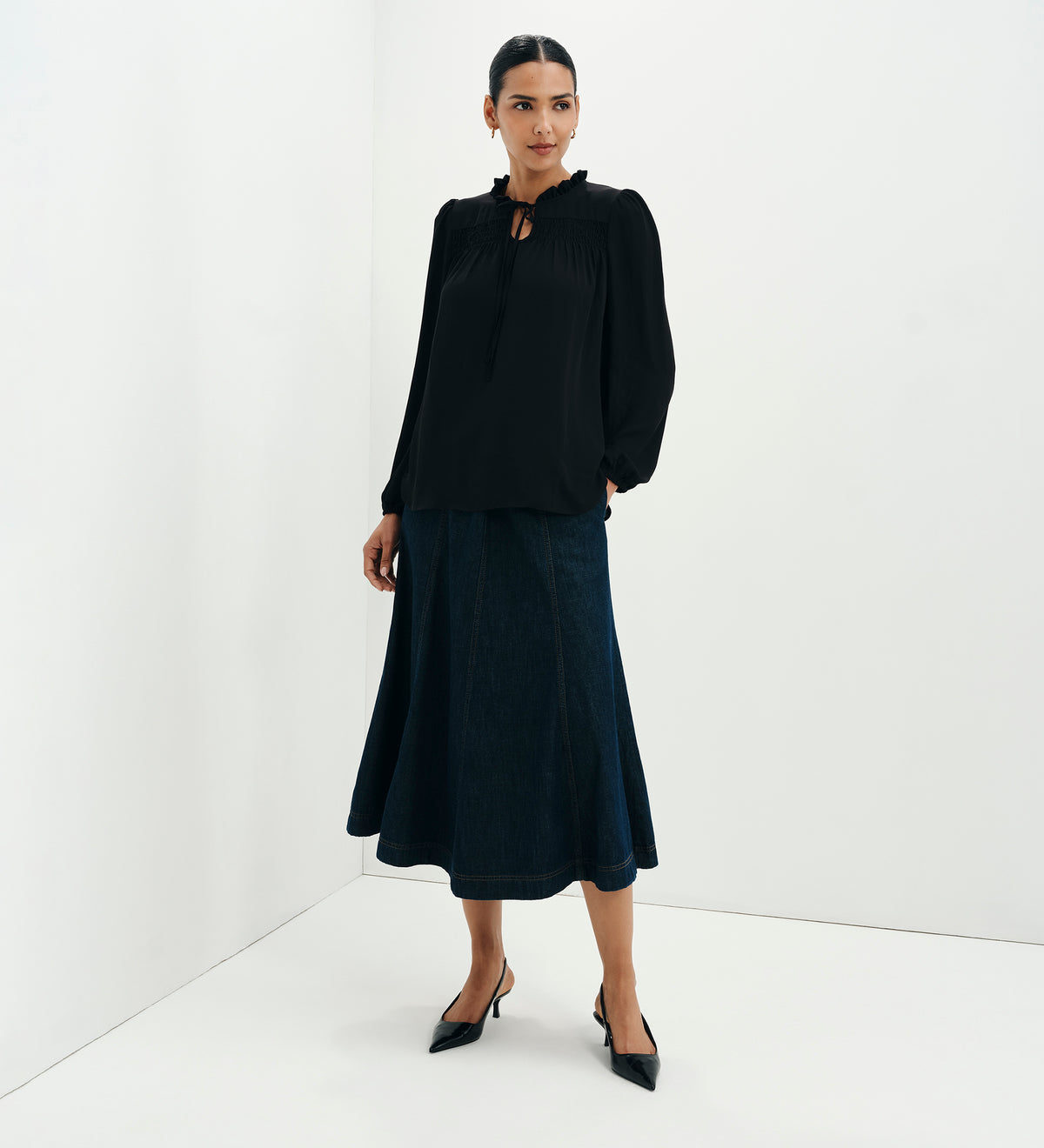 Kiya Black Frill Tie Neck Yoke Blouse