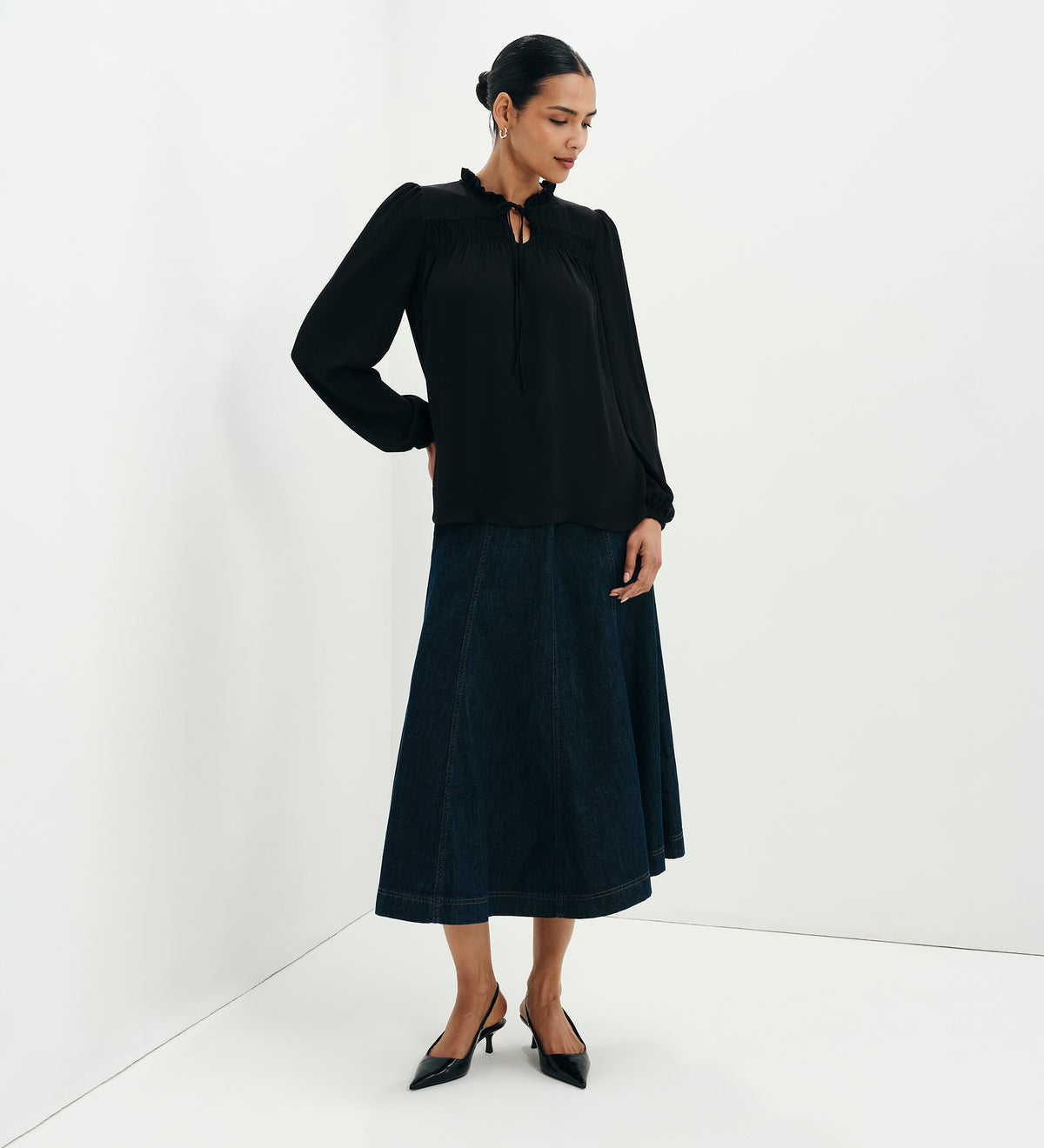 Kiya Black Frill Tie Neck Yoke Blouse