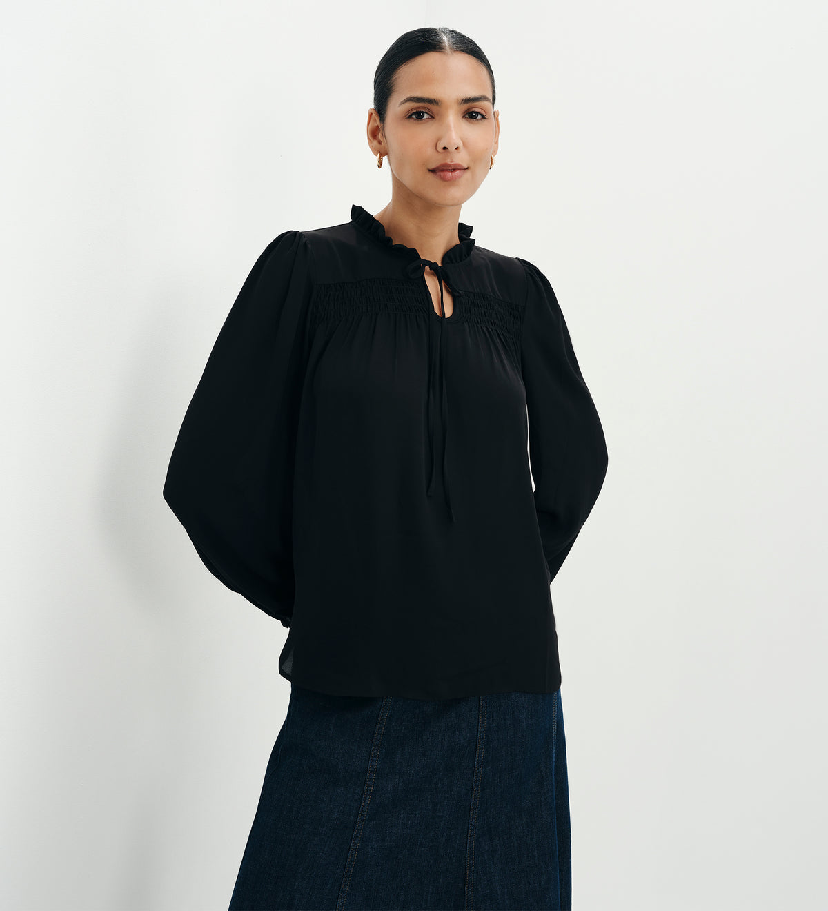 Kiya Black Frill Tie Neck Yoke Blouse