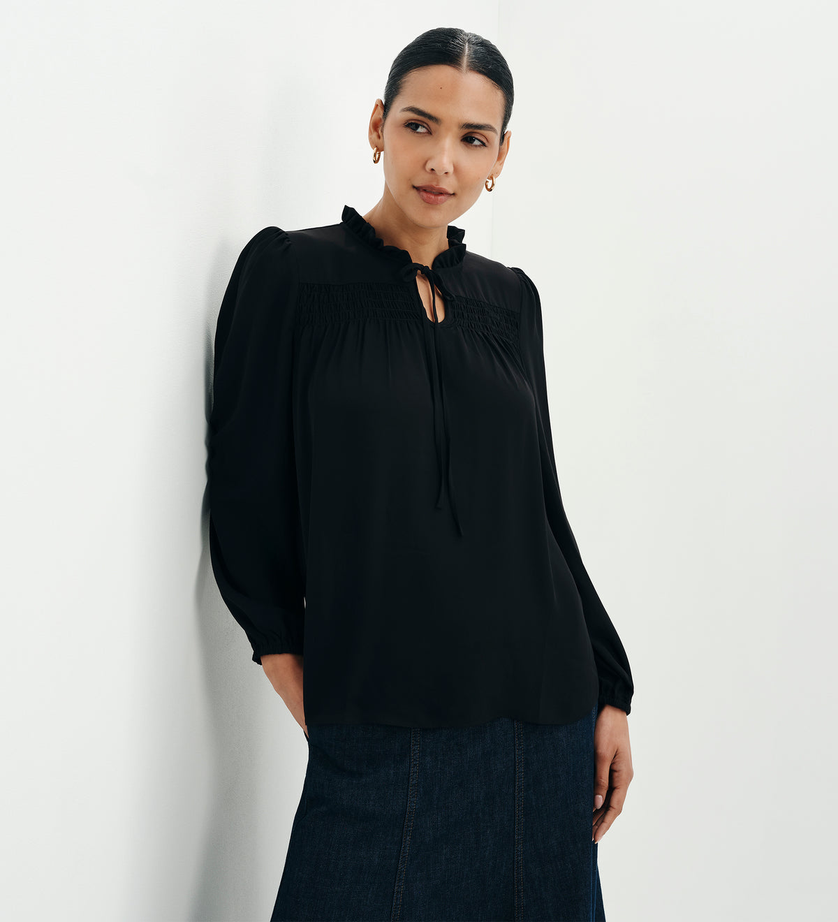 Kiya Black Frill Tie Neck Yoke Blouse