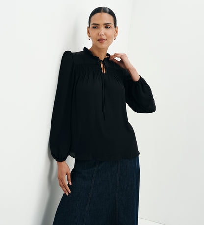 Kiya Black Frill Tie Neck Yoke Blouse