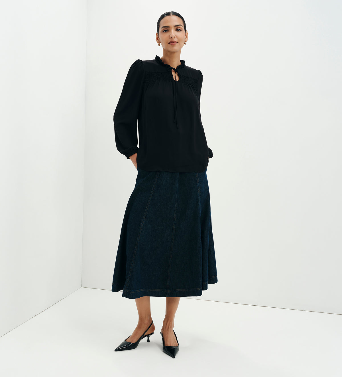 Kiya Black Frill Tie Neck Yoke Blouse