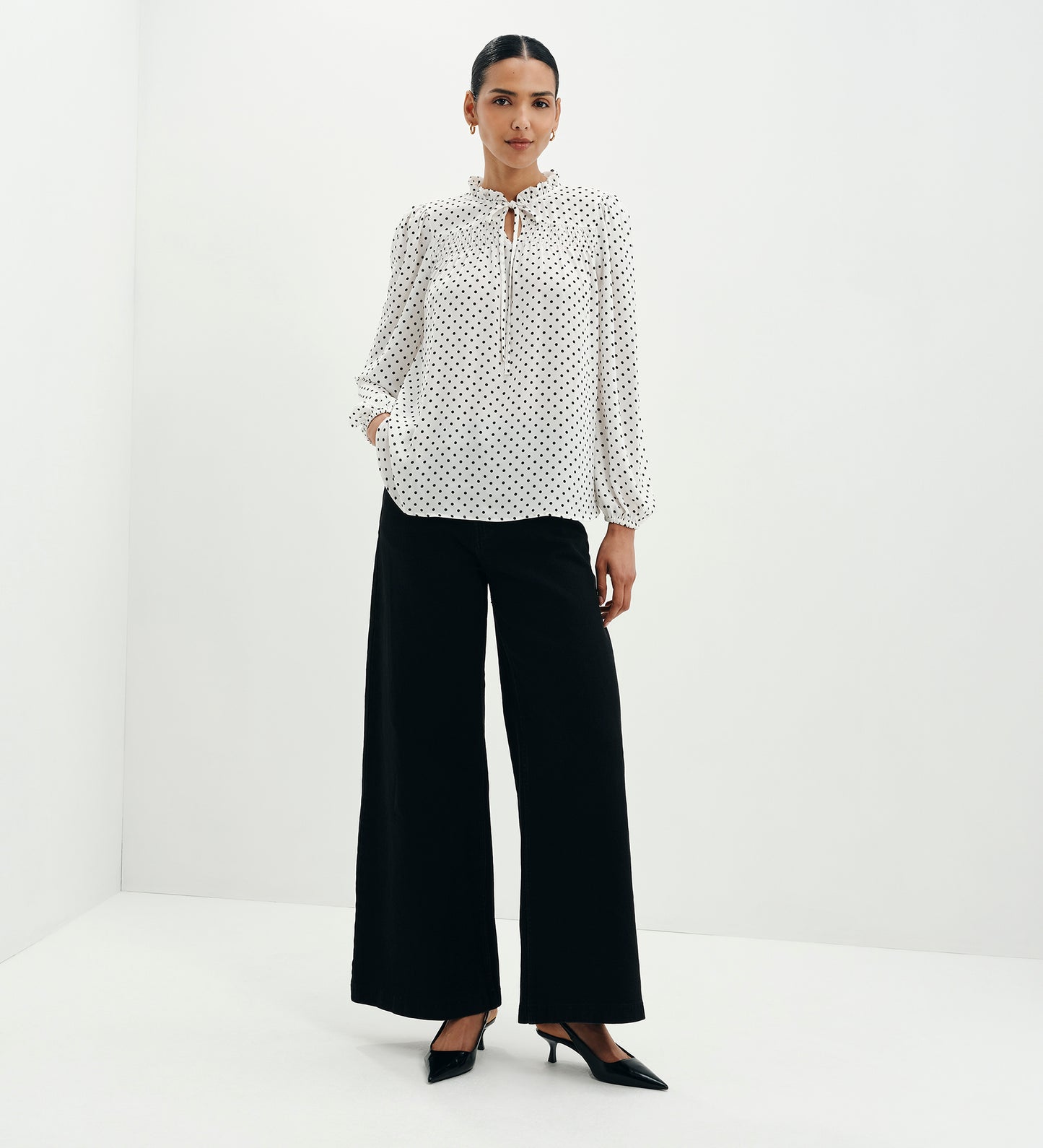 Kiya Ivory Polka Dot Frill Tie Neck Yoke Blouse