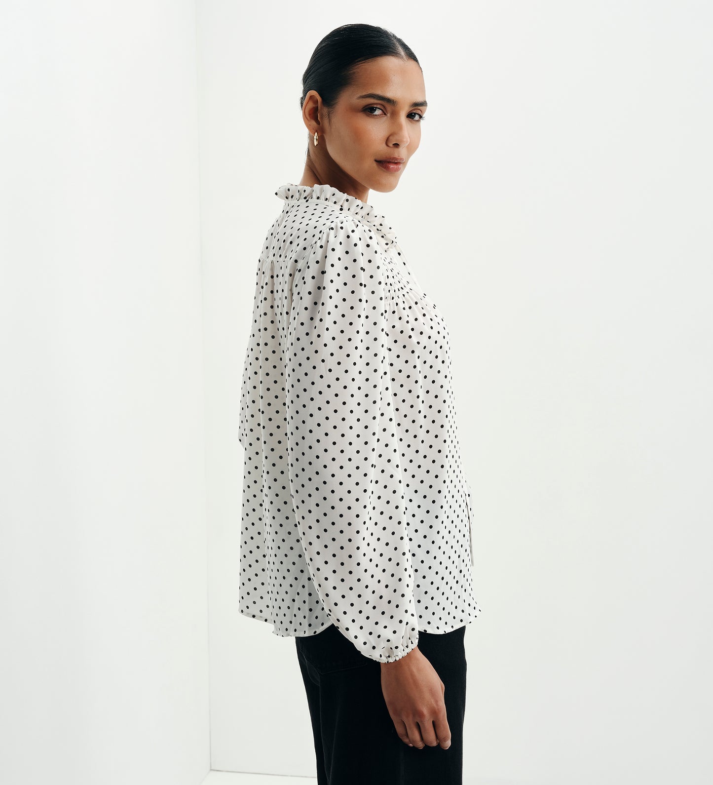 Kiya Ivory Polka Dot Frill Tie Neck Yoke Blouse