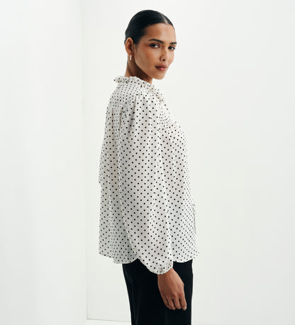 Kiya Ivory Polka Dot Frill Tie Neck Yoke Blouse