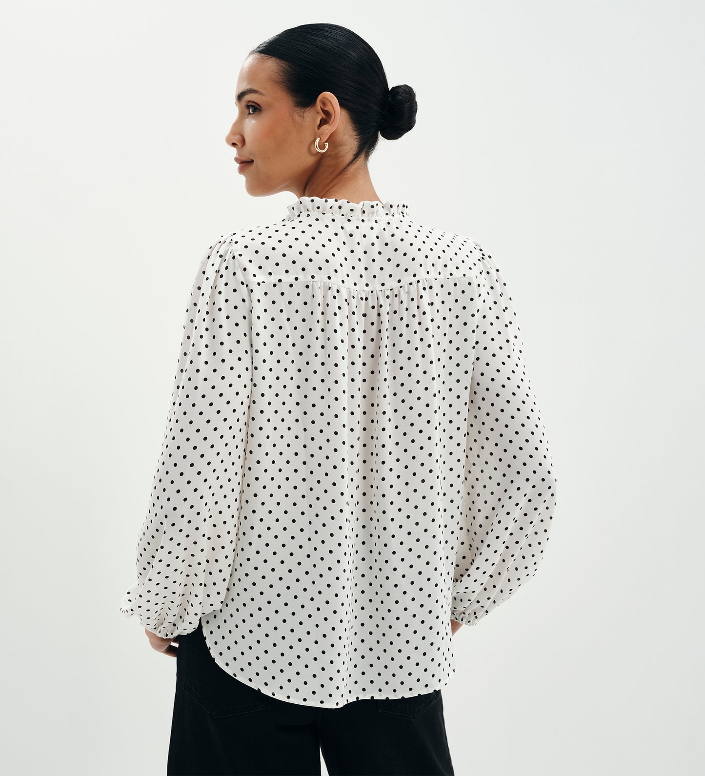 Kiya Ivory Polka Dot Frill Tie Neck Yoke Blouse