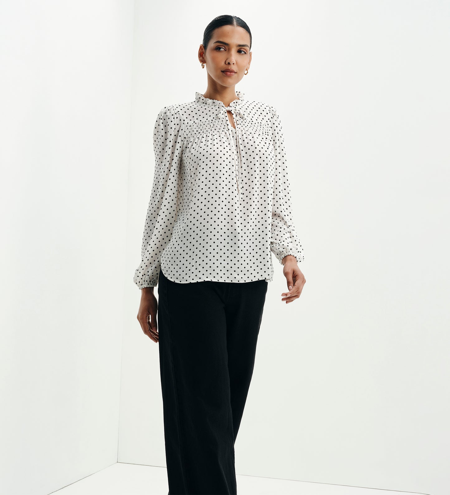 Kiya Ivory Polka Dot Frill Tie Neck Yoke Blouse