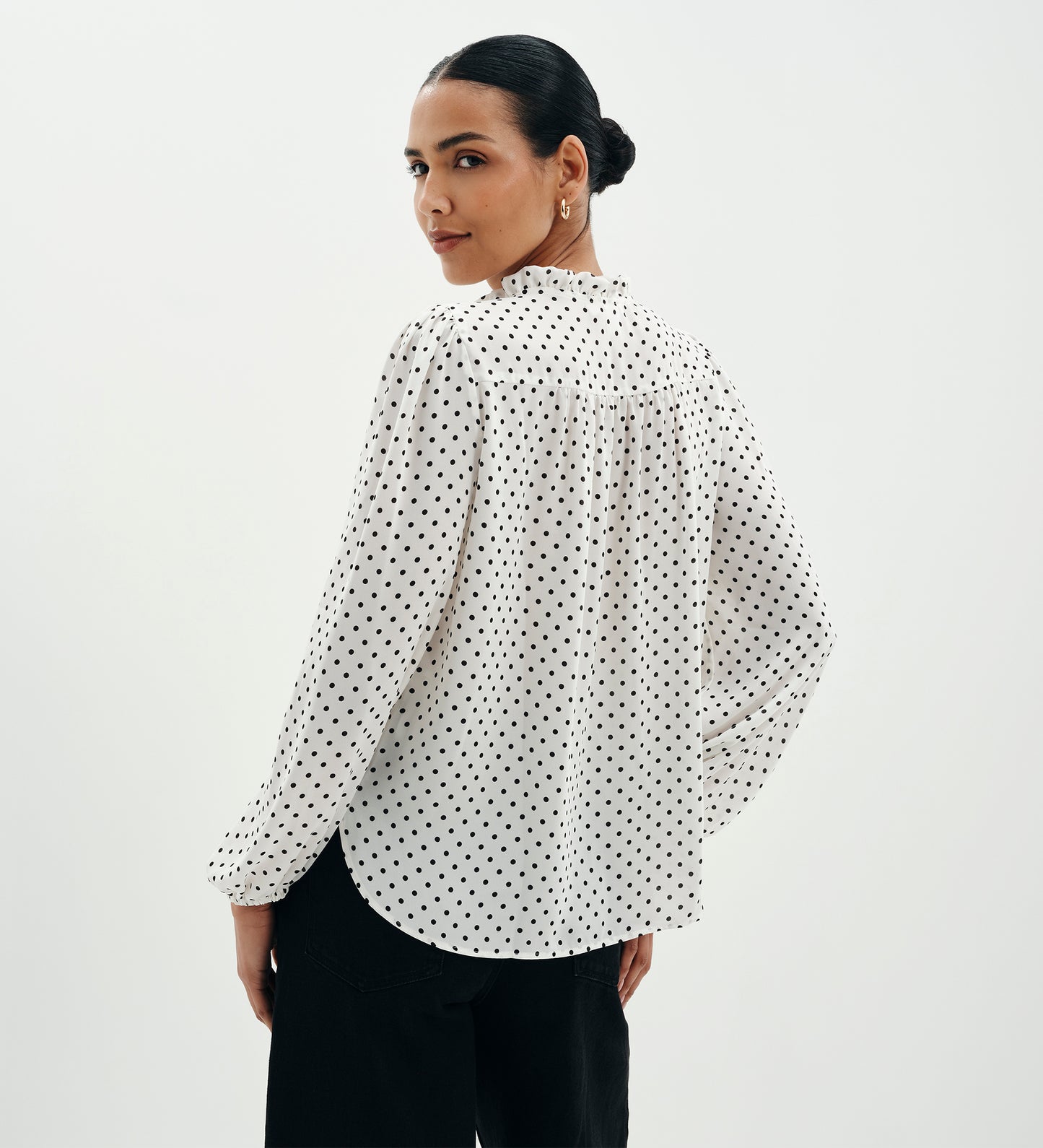 Kiya Ivory Polka Dot Frill Tie Neck Yoke Blouse