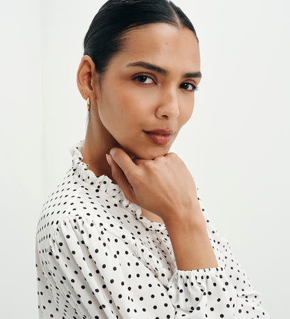 Kiya Ivory Polka Dot Frill Tie Neck Yoke Blouse