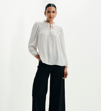 Kiya Ivory Polka Dot Frill Tie Neck Yoke Blouse