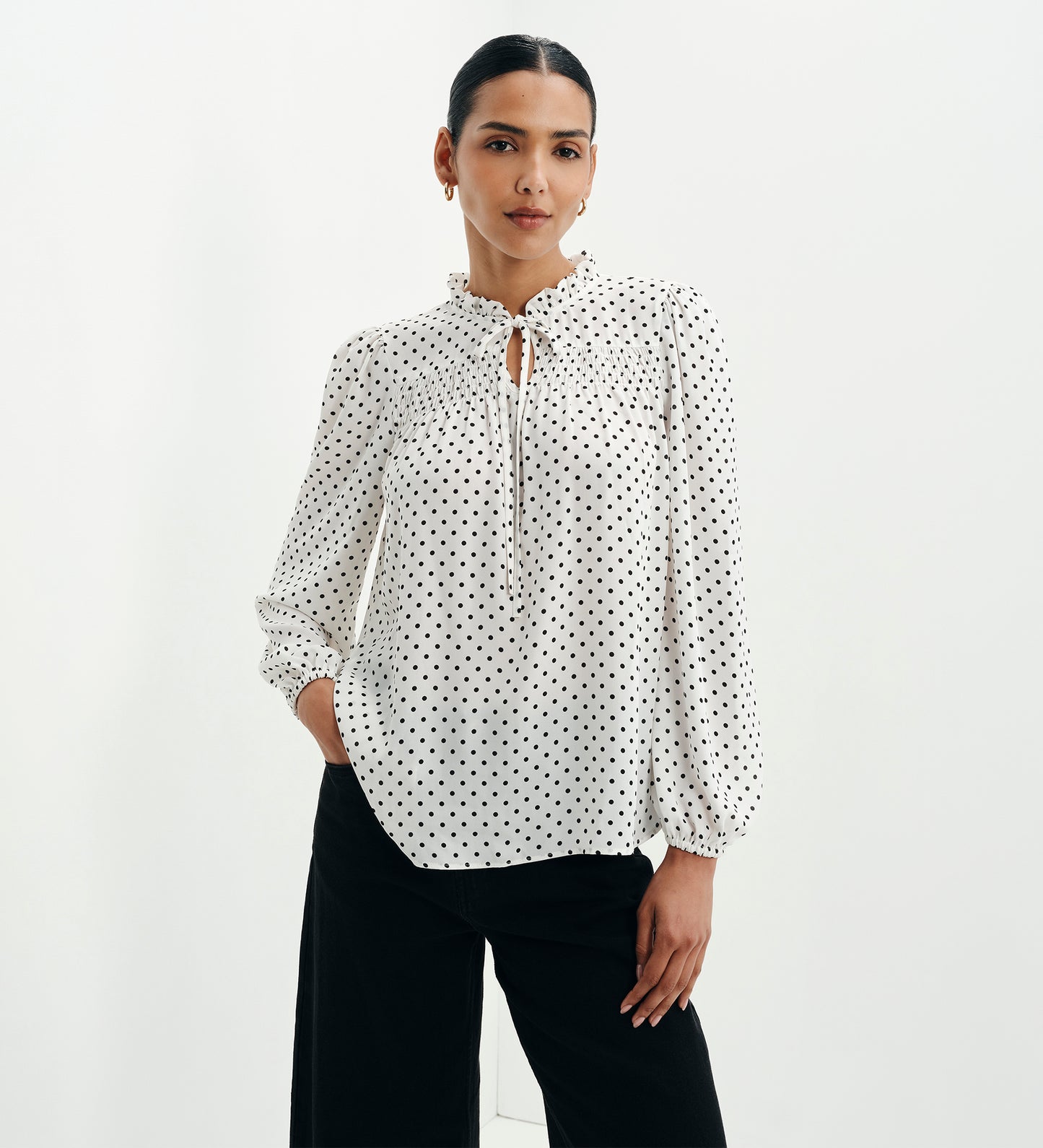 Kiya Ivory Polka Dot Frill Tie Neck Yoke Blouse