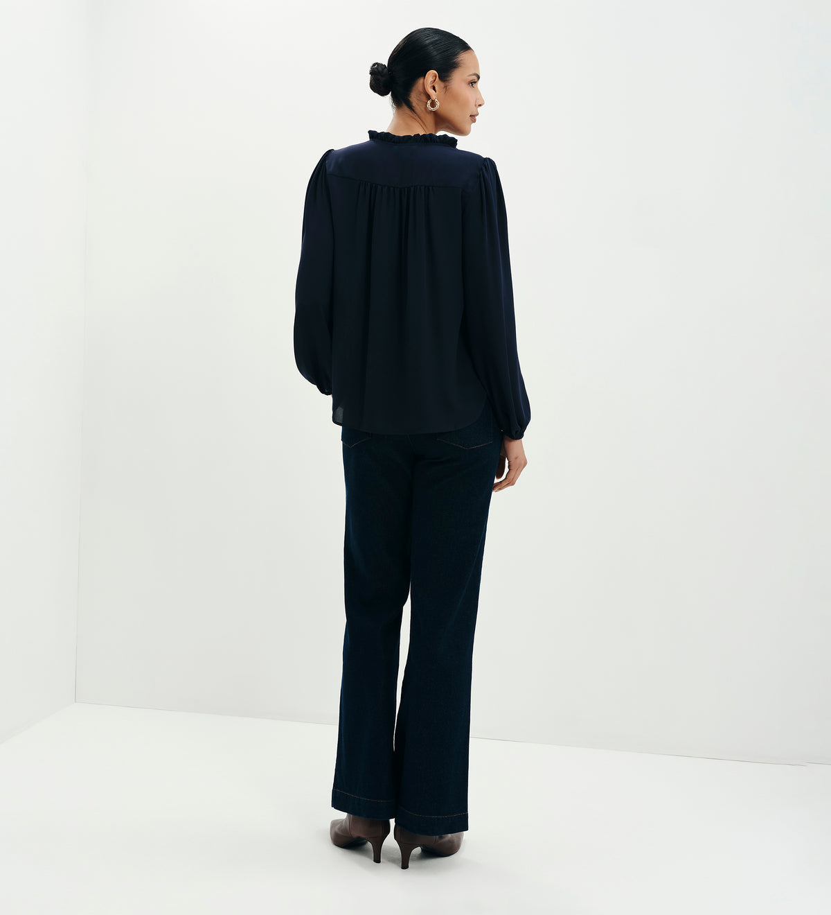 Kiya Navy Frill Tie Neck Yoke Blouse