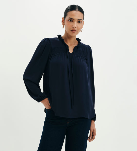 Kiya Navy Frill Tie Neck Yoke Blouse