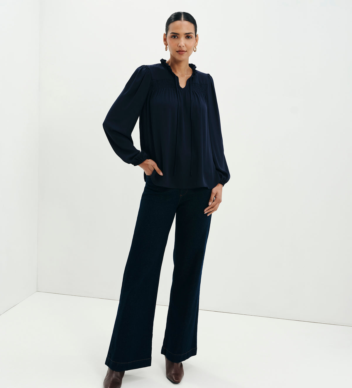 Kiya Navy Frill Tie Neck Yoke Blouse