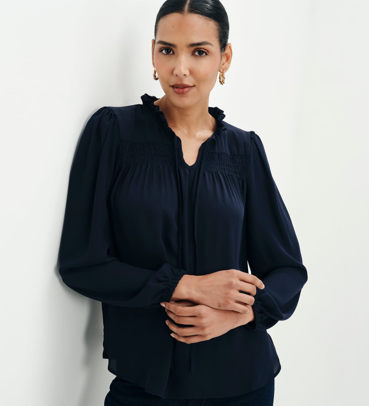 Kiya Navy Frill Tie Neck Yoke Blouse