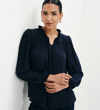 Kiya Navy Frill Tie Neck Yoke Blouse