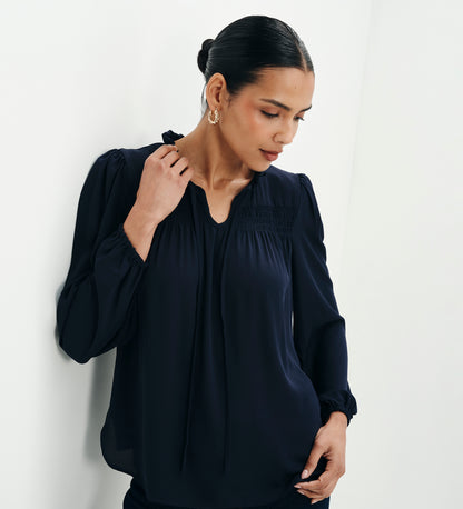 Kiya Navy Frill Tie Neck Yoke Blouse