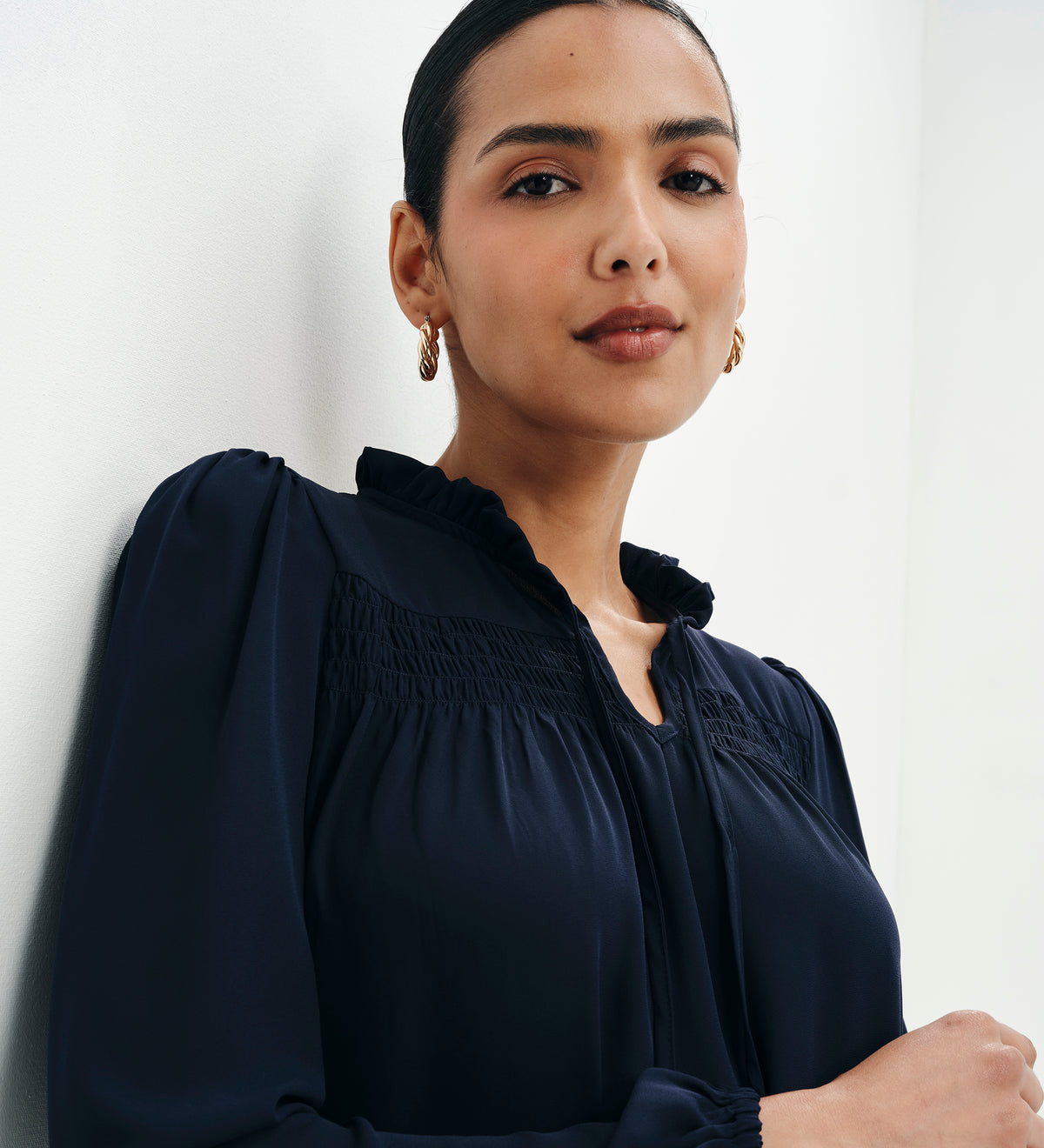 Kiya Navy Frill Tie Neck Yoke Blouse