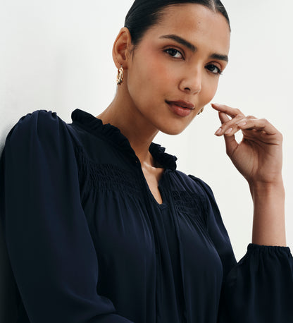 Kiya Navy Frill Tie Neck Yoke Blouse