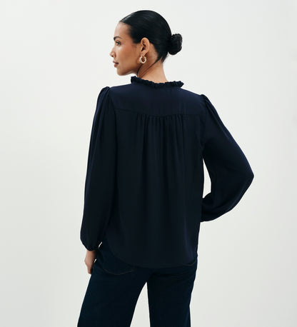Kiya Navy Frill Tie Neck Yoke Blouse