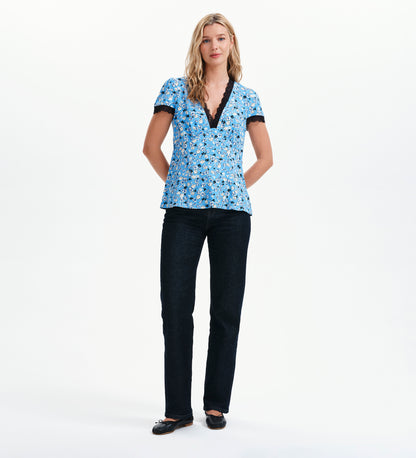 Lacie Blue Ditsy Lace Trim V-Neck Empire Waist Top