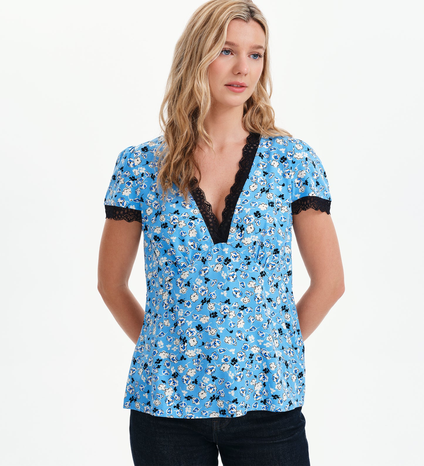 Lacie Blue Ditsy Lace Trim V-Neck Empire Waist Top