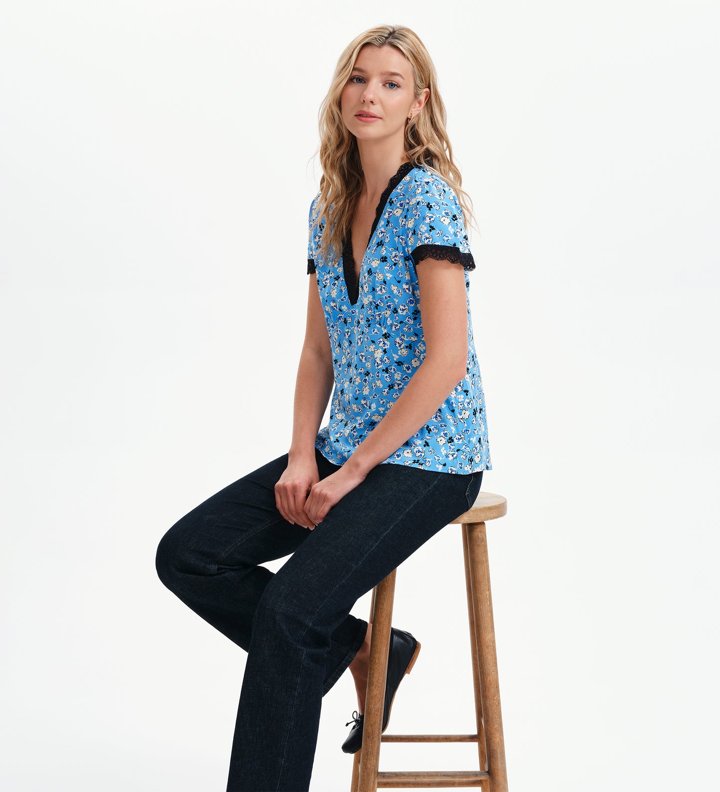 Lacie Blue Ditsy Lace Trim V-Neck Empire Waist Top
