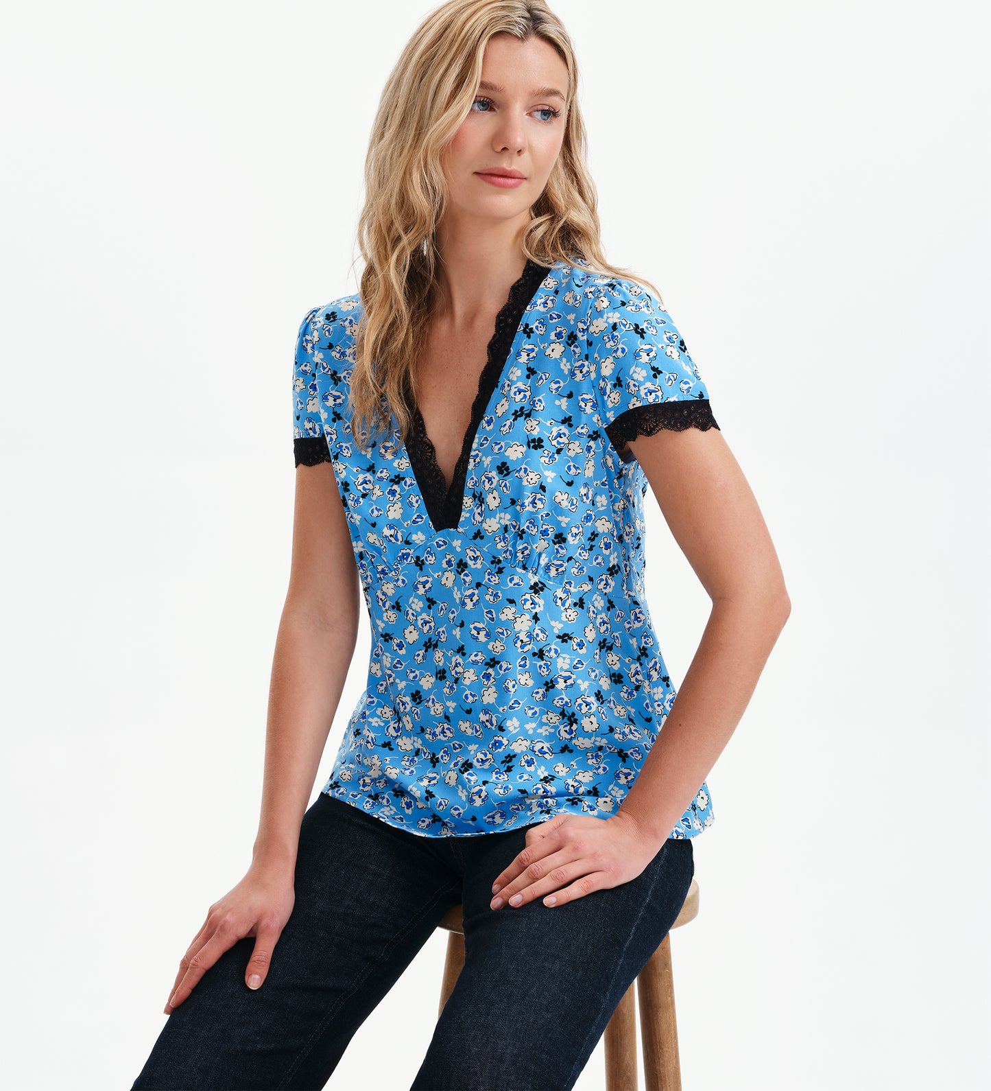 Lacie Blue Ditsy Lace Trim V-Neck Empire Waist Top
