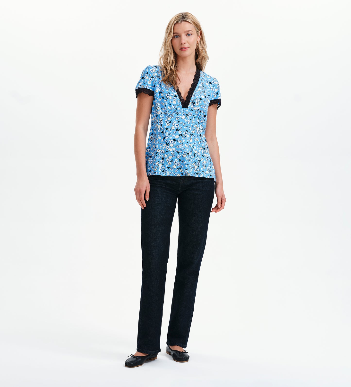 Lacie Blue Ditsy Lace Trim V-Neck Empire Waist Top