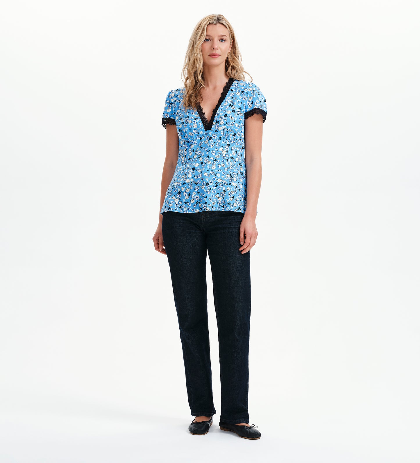 Lacie Blue Ditsy Lace Trim V-Neck Empire Waist Top