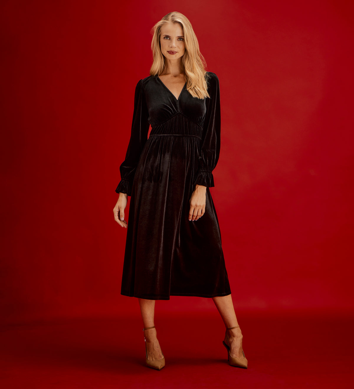 Laila Black Velvet Ruched Empire Waist Midi Dress