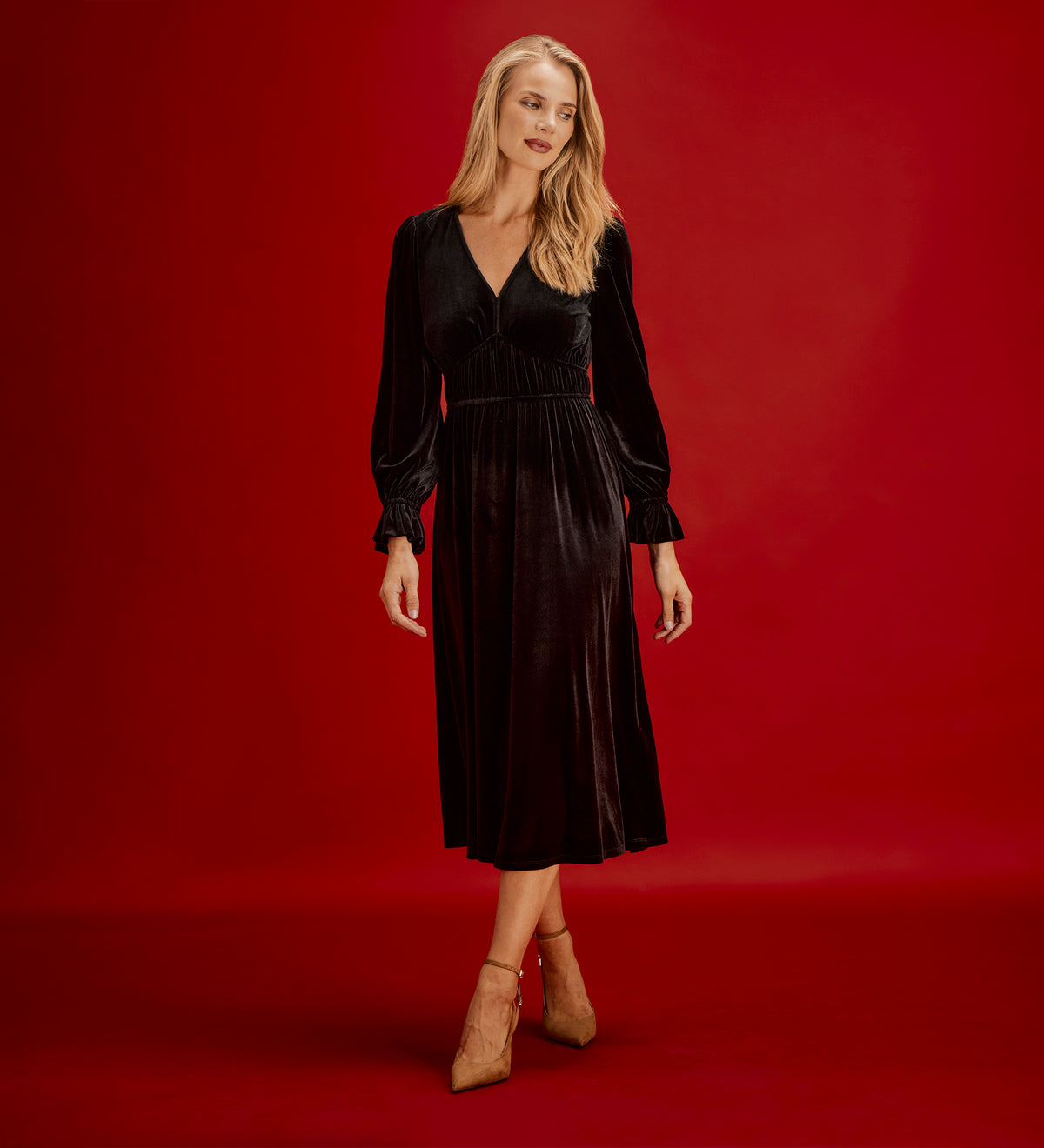 Laila Black Velvet Ruched Empire Waist Midi Dress