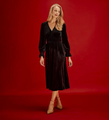 Laila Black Velvet Ruched Empire Waist Midi Dress
