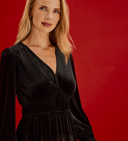 Laila Black Velvet Ruched Empire Waist Midi Dress