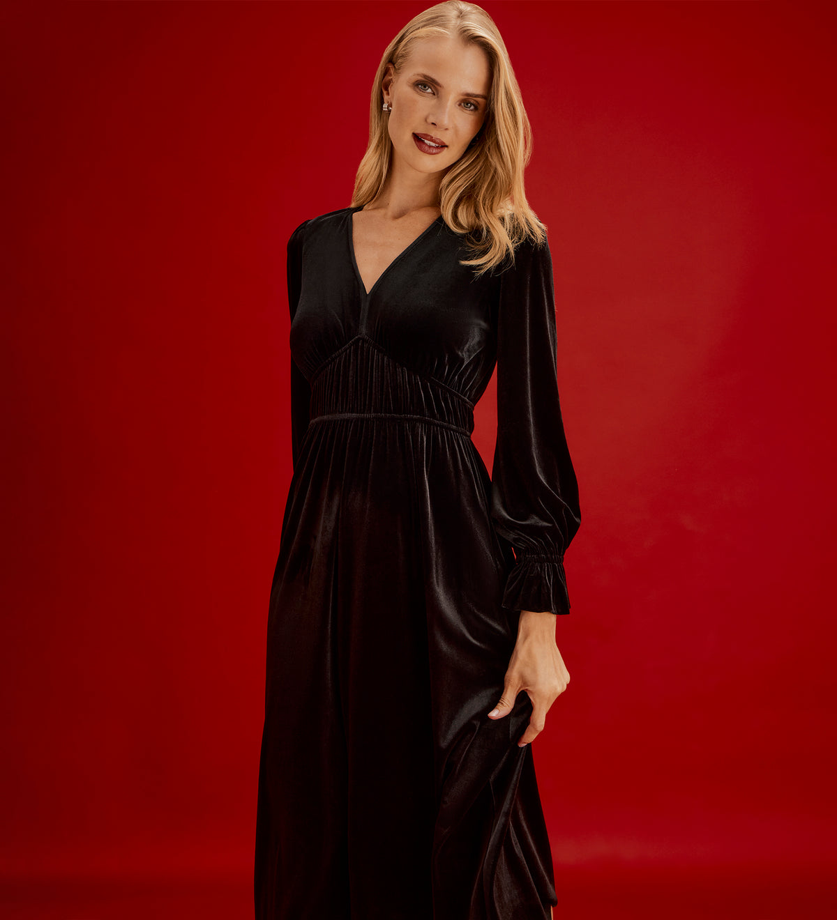 Laila Black Velvet Ruched Empire Waist Midi Dress