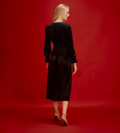 Laila Black Velvet Ruched Empire Waist Midi Dress