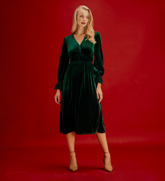 Laila Bottle Green Velvet Ruched Empire Waist Midi Dress