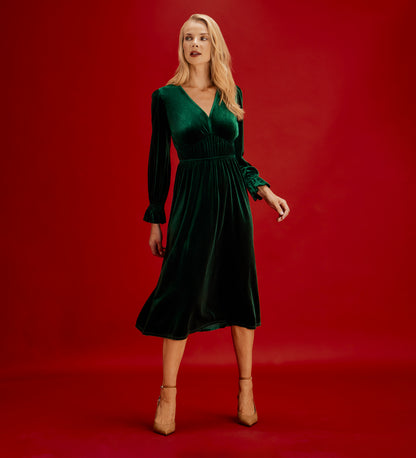 Laila Bottle Green Velvet Ruched Empire Waist Midi Dress