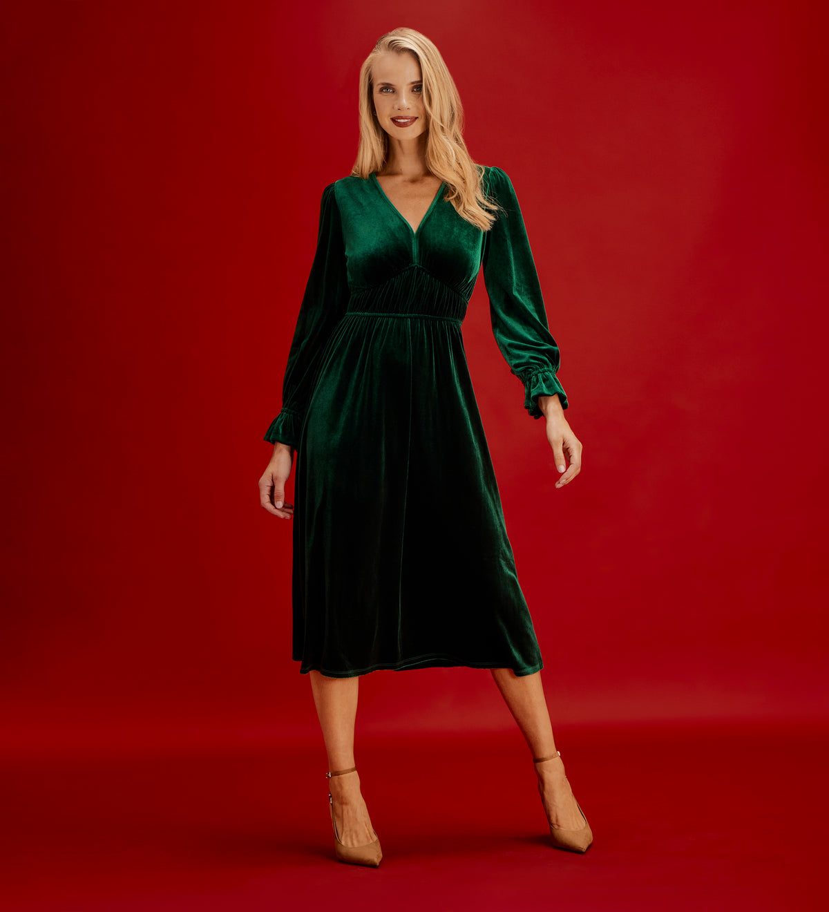 Laila Bottle Green Velvet Ruched Empire Waist Midi Dress
